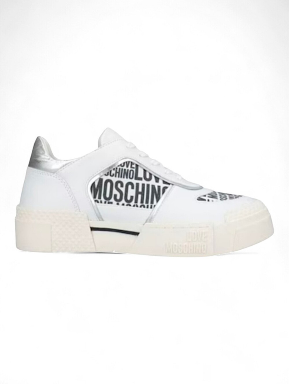 NWOT Love Moschino Women's White Silver Logo Print Leather Sneakers 41